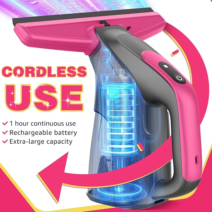 Window Vacuum Squeegee Cordless, 2000Pa Electric Window Vacuum Cleaner with Strong Suction, Lightweight Streak-Free Window Cleaner Tool for Windows, Shower Glass, Mirrors, Car Windshields