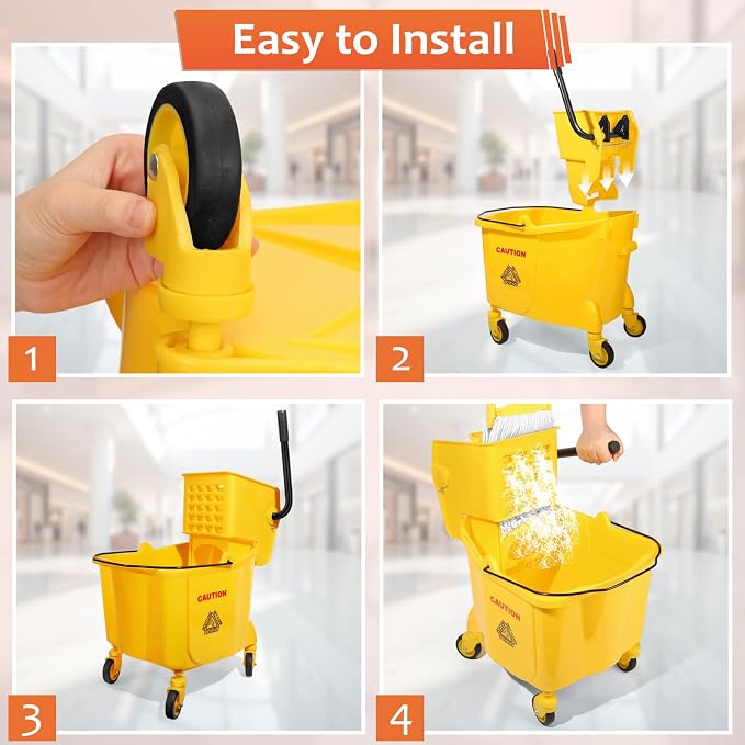 35 Qt Commercial Mop Bucket with Side-Press Wringer Combo on Wheels | Including Janitor Industrial Mop Bucket,Commercial Mops and Wet Floor Caution Sign,Yellow, VOUBIEN