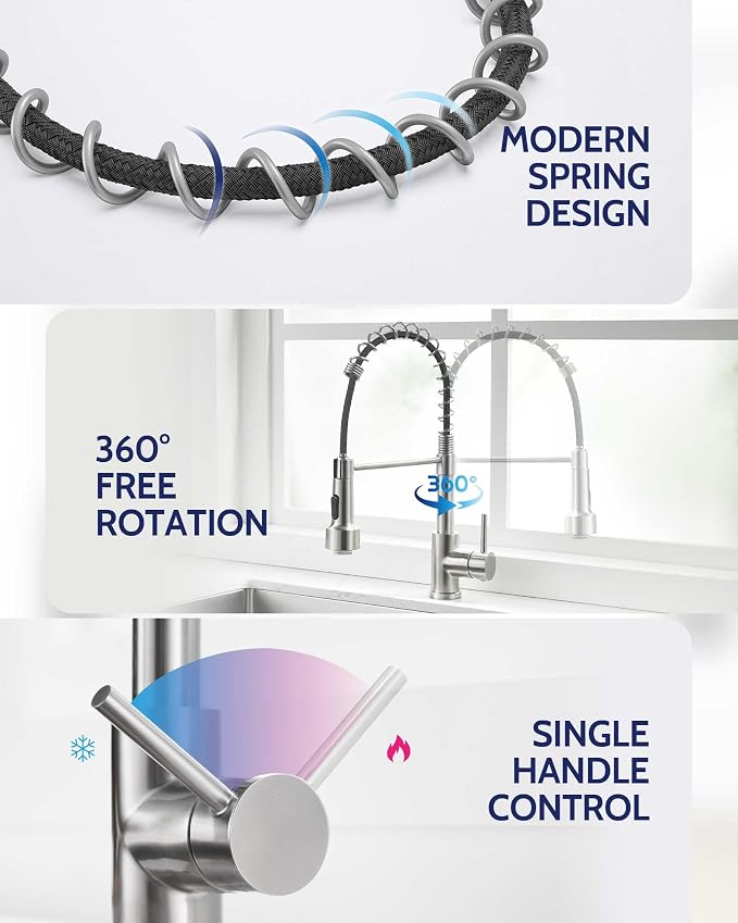 LUFEIDRA Kitchen Faucet with Sprayer LED Light, High Arc Spring 304 Stainless Steel Single Handle LED Faucets, Kitchen Sink Faucet for Bar Sink Rv, Brushed Nickel, Pot Filler Faucets