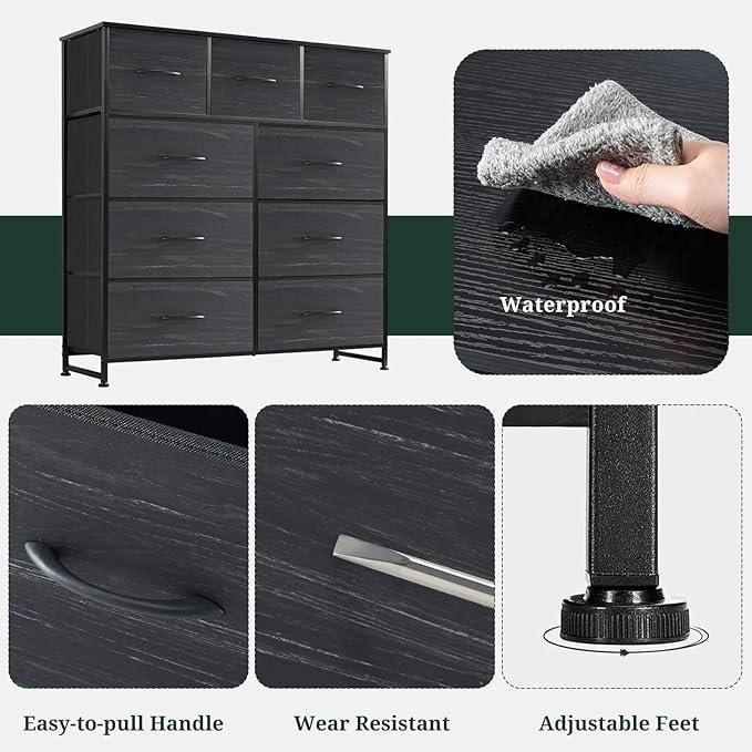 9-Drawer Dresser for Bedroom, Anti-Tip Tall Storage Organizer Chest of Drawers with Wooden Top and Metal Frame Fabric Bins for Closet, Living Room, Hallway, Entryway, Charcoal Black