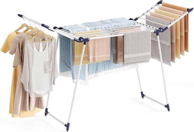 APEXCHASER Clothes Drying Rack Foldable, Large Drying Rack Clothing, Winged Laundry Rack Folding Indoor Outdoor, Metal Clothes Airer for Bedding Towel Sweater Heavy Duty, 68.9" X 22" X41.3", White