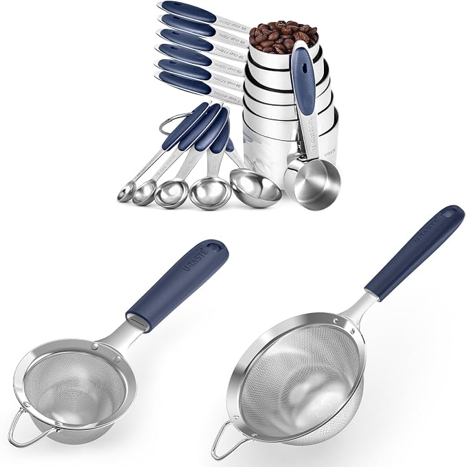 U-Taste 18/8 Stainless Steel Measuring Cups and Spoons (Set of 12, Midnight Blue), and Fine Mesh Strainer with Sturdy Riveted Silicone Handle and Strong Frame (Midnight Blue)