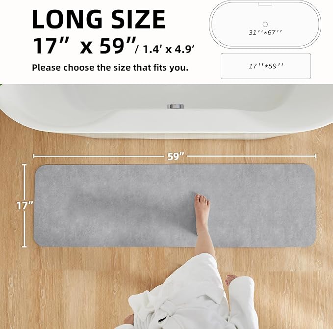 TYUU Bathroom Mat Quick Dry, Bathroom Rugs Non Slip Washable Thin Absorbent Bath Mat Fits Under Door Bathroom Floor Mat Perfect for Bath, Shower, or Sink 17"x59" Light Grey