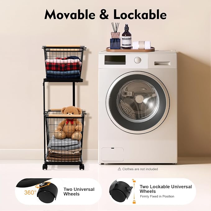 2 Tier Laundry Basket, Removable Metal Wire Laundry Cart with 4 Universal Wheels Rolling Laundry Basket Floor Standing Clothing Garment Sorting Hamper Organizer Load Bearing Capacity 88.18 lbs (Black)