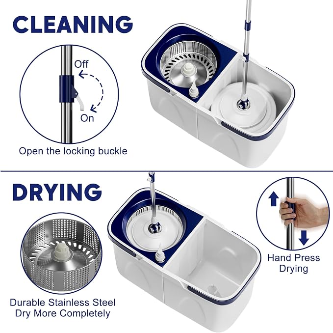Spin Mop and Bucket with Wringer Set Two-Detachable Bucket Design Mop System, Separate Clean and Dirty Water 360° Spinning Floor Cleaning with 51" Adjustable Handle-3Mop Heads