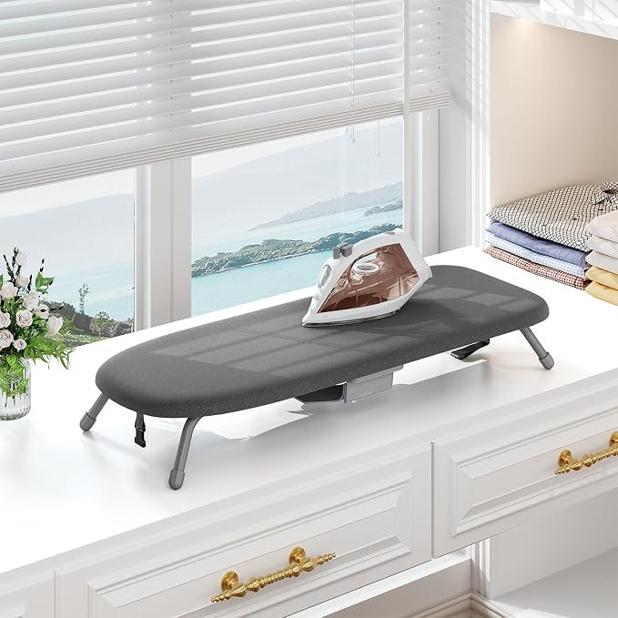 Kingboard Tabletop Ironing Board with Iron Holder, Small Iron Board with Heat Resistant Cover, Portable Mini Ironing Board with Non-Slip Feet for Home Travel, 12 * 32 Black