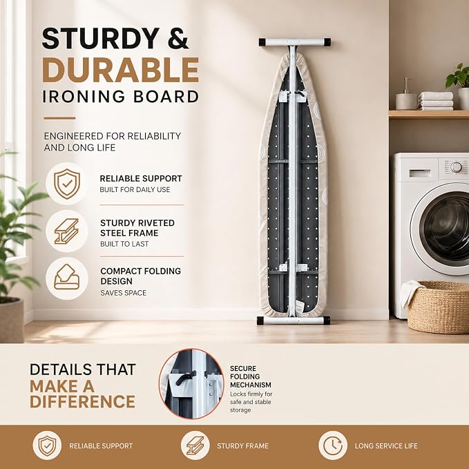 T-Leg Ironing Board with Perforated Top, Adjustable Height up to 35", Foldable Design for Compact Storage, Heavy Duty Steel Frame, Non-Slip Feet, 53" x 14" Full Size Beige