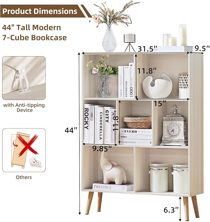 LEYAOYAO Cube Bookshelf, Mid-Century Modern Book Shelf with Legs,Light Grey | 3 Tier Bookcase, Rustic Wood Bookshelves Freestanding Small Storage Organizer, Open Shelves for Bedroom, Living Room, Office