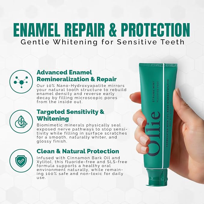 Ollie Fluoride Free 10% Nano Hydroxyapatite Toothpaste, Strong Mint, 4oz | Rod-Shaped Nano HAP, Remineralizes Enamel, Reduces Sensitivity, Reverses Small Cavities, Naturally Whitens Teeth, (Pack of 2)