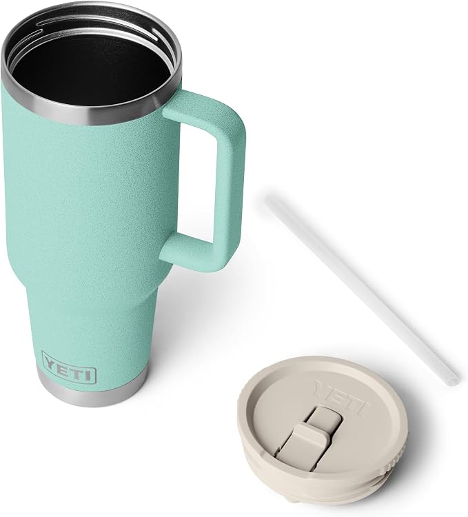 YETI Rambler 40 oz Travel Mug with Flip Straw Lid – Stainless Steel, Vacuum Insulated, Leakproof, Cup Holder Friendly, Sea Stone