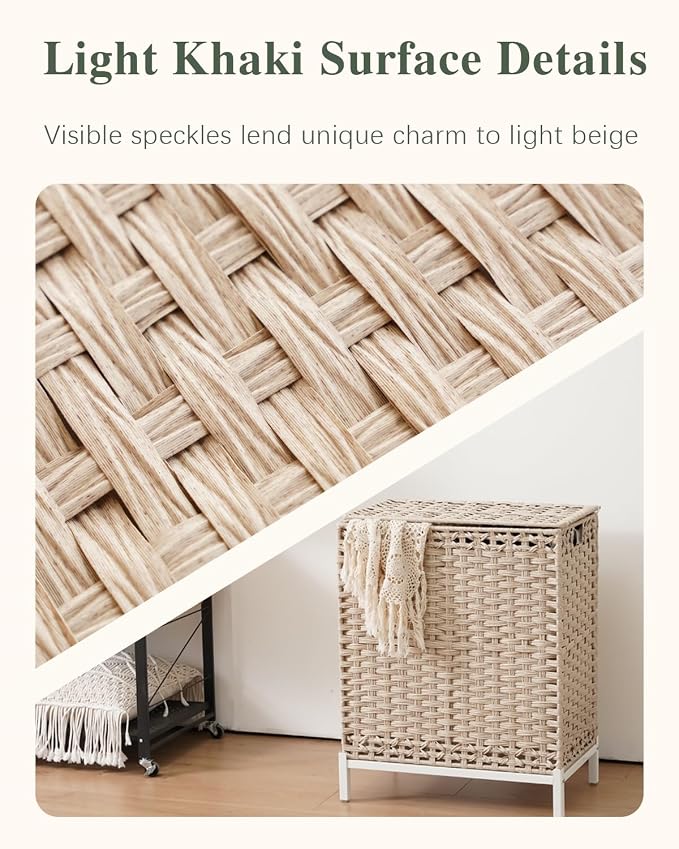 SETVSON Laundry Hamper with Lid, Wicker Laundry Basket, 112 L, Light Khaki | Handwoven PE Rattan, 2 Removable Liner Bags, Metal Heightened Feet, 6 Mesh Bags, Clothes Hamper for Bathroom Bedroom