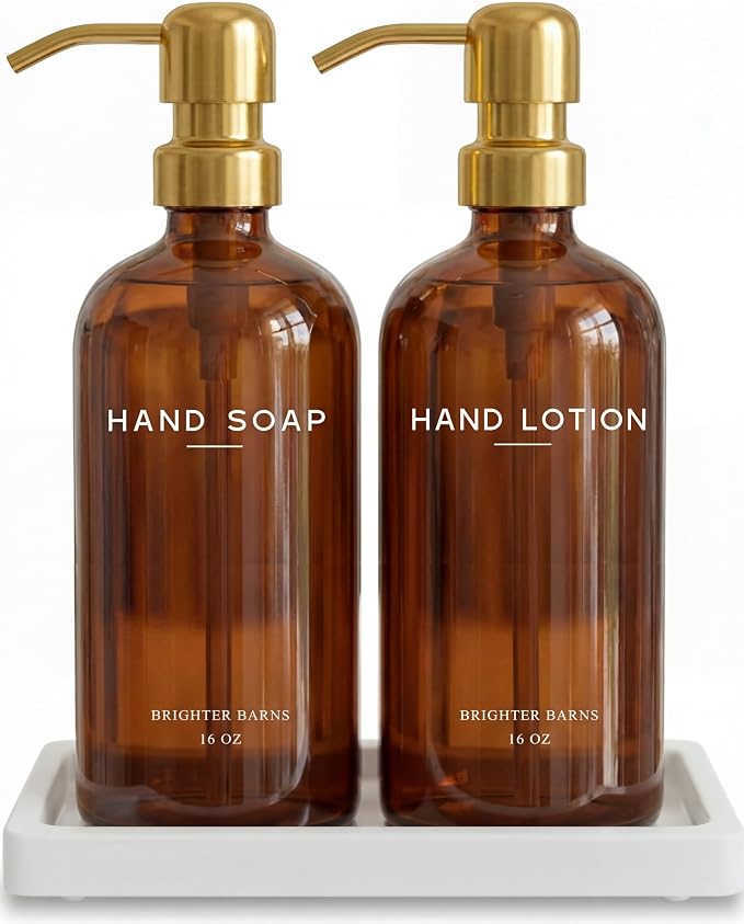 Luxury Glass Soap and Lotion Dispenser Set with Tray by Brighter Barns - Hand Soap Dispenser Bathroom Set w/Stainless Steel Pump - Gold Bathroom Decor for Guest House, Airbnb, Spa, Gift (Amber/Gold)