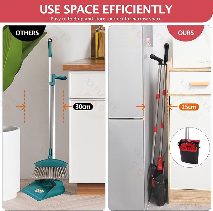 Broom and Dustpan Set with Long Handle, Light Weight Stainless Steel Poles Stand Upright Dustpans with Broom Combo for Home Kitchen Office Pet Dog Hair, Black & Red Color, 1-Pack