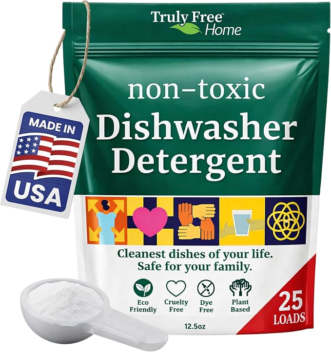 Truly Free Dishwasher Detergent Powder | Natural Dish Detergent, Dishwasher Soap | Plastic Free, Plant-Based, Clean, Heavy Duty Hard Water Stain & Grease Remover | Fragrance Free | 12.5 oz (Pack of 2)