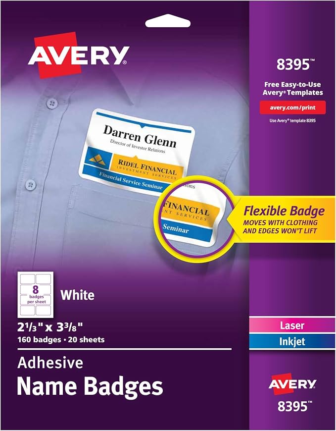 Avery Flexible Printable Name Tags, 2-1/3" x 3-3/8", Matte White, 160 Removable Name Badges (8395) (Pack of 5)
