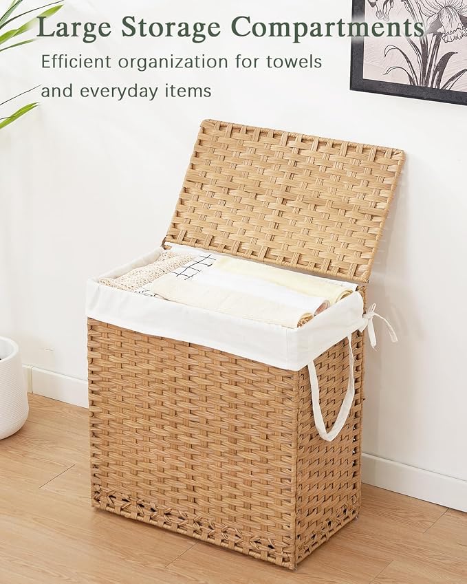 SETVSON Laundry Hamper with Lid Wicker Laundry Basket 112L, Natural | Large Family Clothes Sorter Trunk with Lid, 3 Compartment Washable Liners, 6 Mesh Bags, Collapsible Steel Frame