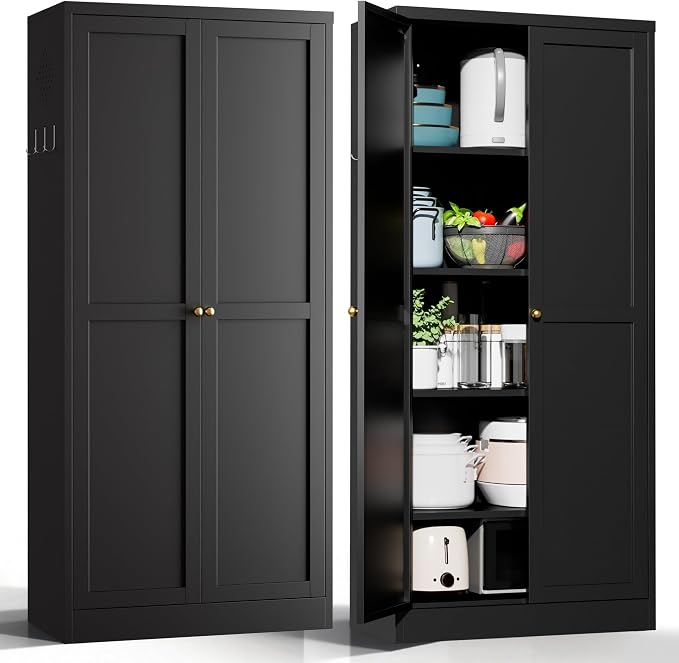 AQY Metal Pantry Cabinet, 61" Black Kitchen Storage Cabinet with Doors | 4 Adjustable Shelves Freestanding Storage Metal Cabinet Kitchen & Living Room Organization