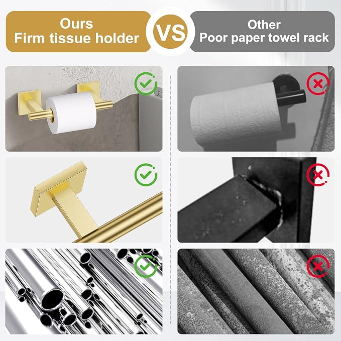 Brushed Gold Bathroom Hardware Towel Bar Set, 5 Pieces Double Dase Toilet Paper Holder Towel Holder Set, 23.6 Inch Stainless Steel Towel Rack for Bathroom Wall Mount