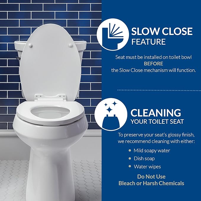 Mayfair Bennett Toilet Seat with Brushed Nickel Hinges, Slow Close Wood Seat, Secure Metal Hinges, Easy Install, Made in USA, Round, White