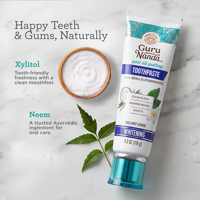 GuruNanda Hydroxyapatite Toothpaste for Whitening with Neem & Xylitol, SLS & Fluoride Free (4 Pack) - Freshens Breath, Fights Plaque - with 2 Toothbrushes, 2 Tongue Scrapers & 2 Tube Squeezers