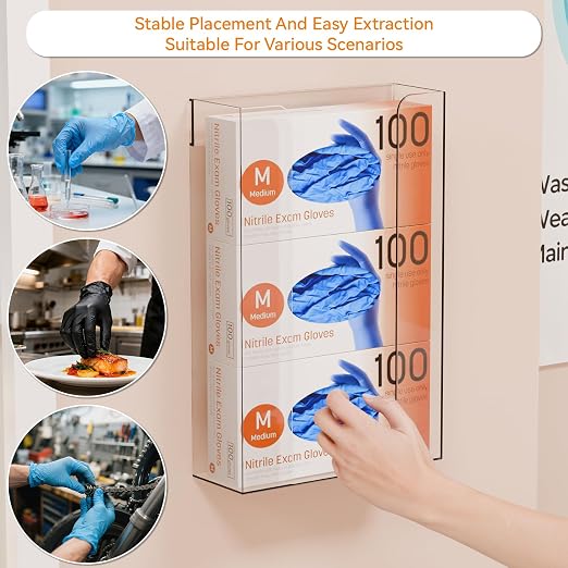 Yieach Acrylic Glove Box Holder Wall Mount With Adhesive,No Drilling Disposable Medical Rubber Glove Holder on Wall & Hanging Hospital Hair Net,Mask,Latex Gloves Dispenser,Gloves Rack & Storage,Clear