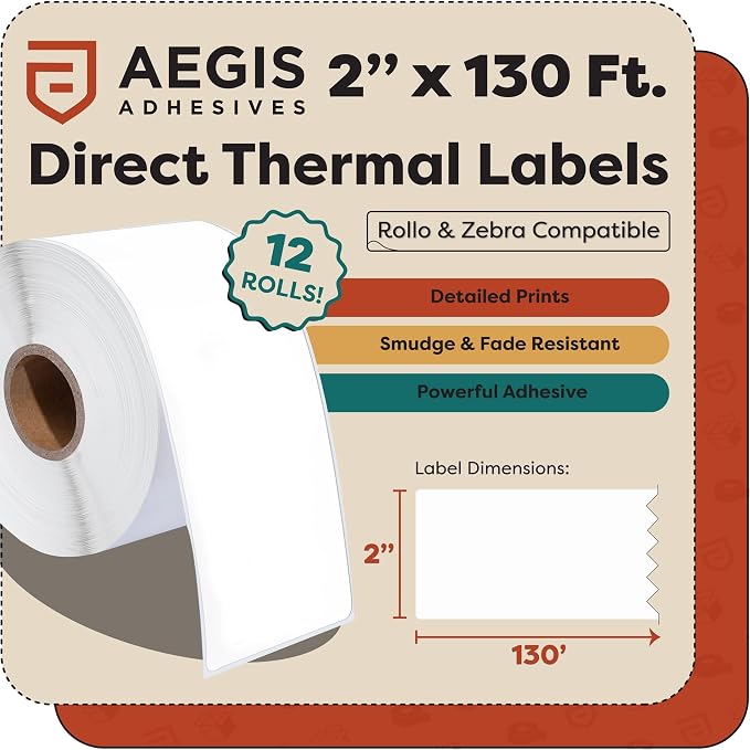 Aegis Adhesives - 2" X 130 ft Direct Thermal Continuous Feed Labels (12 Rolls) - Cut-to-Length Scale Labels for Weigh-Price Printing - Compatible with Direct Thermal Printing Scales