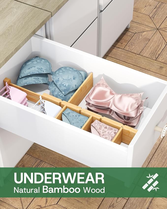 kiplant Bamboo Drawer Dividers - Adjustable Drawer Dividers for Kitchen, Clothes, Closet & Office - 8 Pack with Inserts, 13.8-18.8 Inches, Non-Slip Silicone Ends