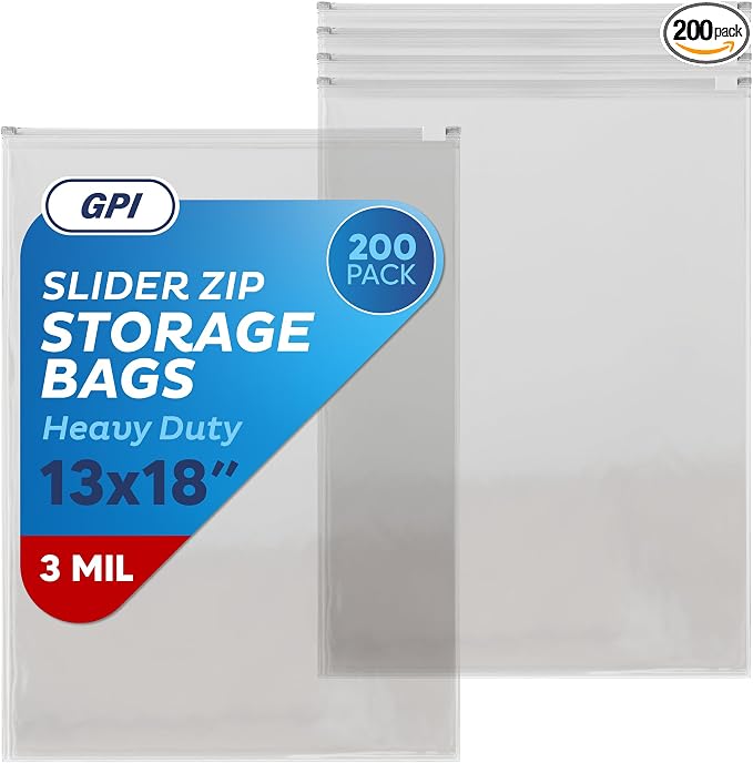GPI - Slider Zip 2.5 Gallon Jumbo Food Storage Bags, 13" x 18" 3 Mil Heavy Duty, Extra Large, Strong & Durable For Freezer Storage, 200 Count