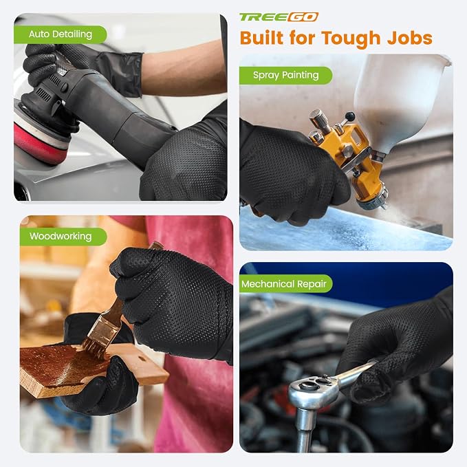 TREEGO 10 Mil Heavy Duty Black Nitrile Mechanic Gloves, 50 Count M | Diamond Grip, Latex & Powder Free for DIY Repairs, Home Garage, Motorcycle Maintenance & Everyday Projects