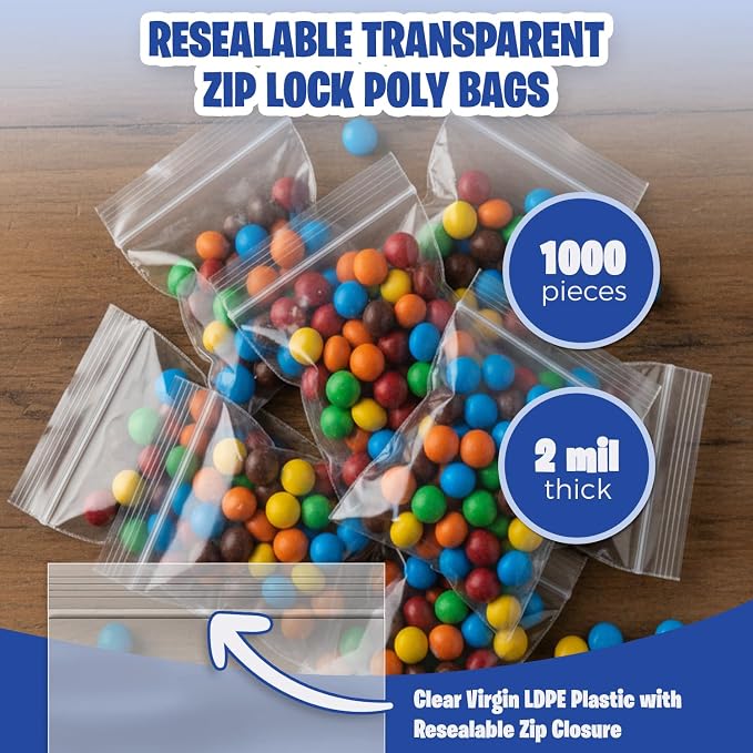 Seal Fresh 3" x 3" (1000) 2 Mil Clear Reclosable Zip Plastic Poly Bags — Resealable Mini Bags with Zipper Seal for Jewelry, Beads, Small Parts, Crafts, Hardware