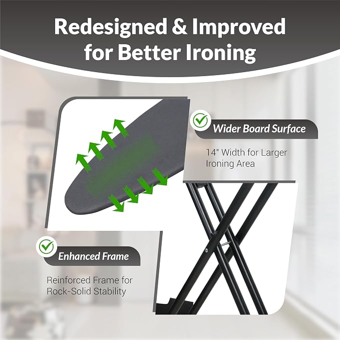 ZOES HOMEWARE 2026 Enhanced Ironing Board, Folding Iron Board with Retractable Iron Rest& Hook, 7-Level Height Adjustable Ironing Table with Thermo-Reflective Surface &10mm Thicken Pad, 43"x14"x36"