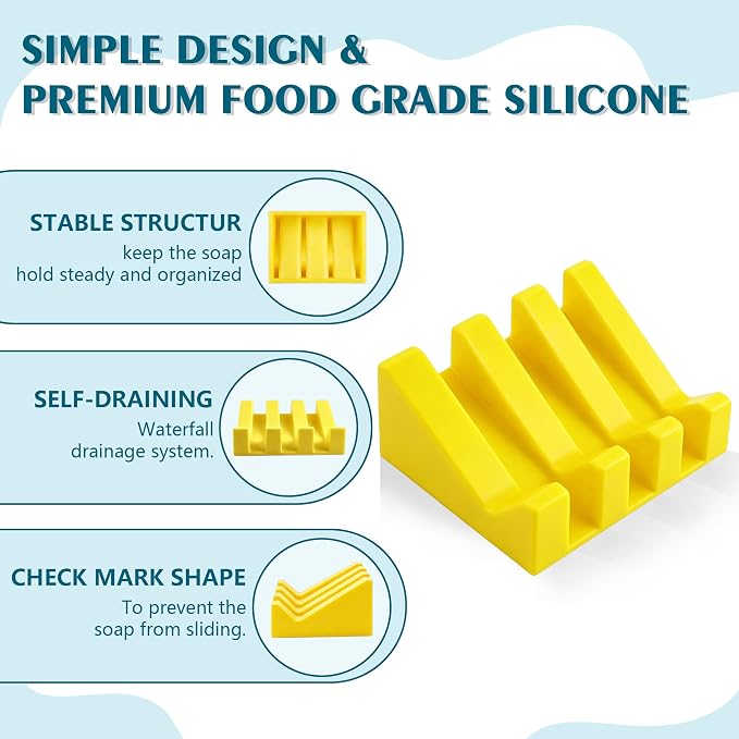 Self Draining Soap Dish Holder,Silicone Soap Dish,for Bathroom,Kitchen, Sponges，Can Extend Soap Life，Keep Soap Bars Dry and Easy Cleaning (Yellow,2-Pack)