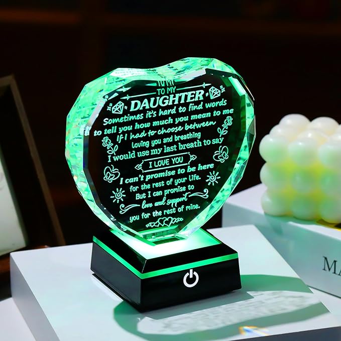 Arikyrist Mothers Day Daughter Gifts from Mom Heart Shaped Crystal Plaque for Daughter with LED Light Base Birthday Graduation Gifts for Daughter Home Decor