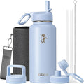 Water Bottle 32 oz Insulated with Straw, Coolflask Stainless Steel Metal 3 Lids Water Flask Wide Mouth for Sports or Office, Non-BPA Keep Cold Up to 48 Hrs or Hot Up to 24 Hrs, Light Blue