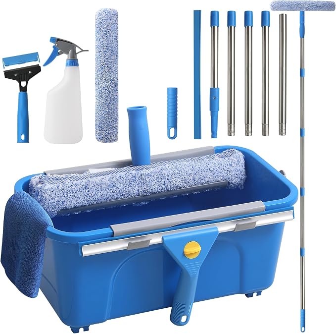 Creatyi 11PCS Window Cleaning Kit Washing Tool, Bucket 3 Gallon, 76 inch Long Handle Window Squeegee and Microfiber Scrubber,Equipped with Replaceable Squeegee and Scrubber for Home Business Use