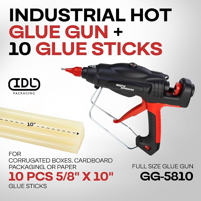 IDL Packaging GG-5810 Industrial 450W Hot Glue Gun with 10 pcs Glue Sticks - 5/8" x 10" Full-Size Glue Sticks, Amber - Hot Glue Gun Kit for Corrugated Boxes, Cardboard Packaging, or Paper