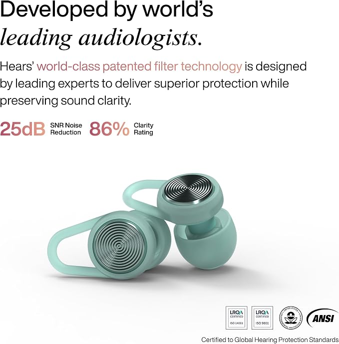 Hears Plus Ear Plugs for Noise Reduction - Patented Reusable Concert Earplugs, 25dB SNR Sound Reduction, Hypoallergenic for Musicians, Motorcycle and Sleeping with 4 tip Sizes - Tropical Green