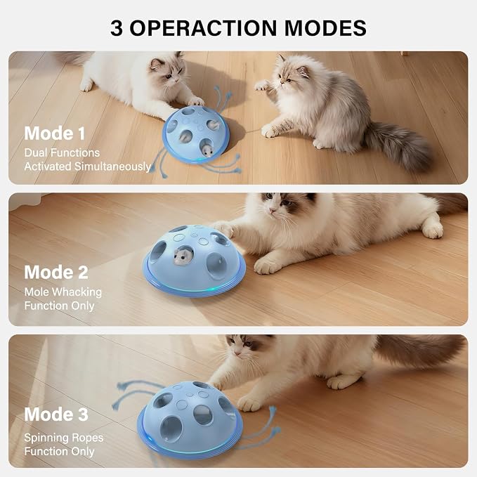 Pawingcat Automatic Cat String Toy 6 Holes Whack a Mole Cat Toy with Plush Running Cat Mouse Toy Hide and Seek Interactive Cat Toys for Indoor Cats（Blue）