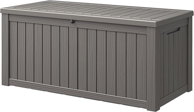 150 Gal Deck Box,Outdoor Storage Box Waterproof Lockable,Gas Lift,Grey | Large Resin Deck Box, UV-resistant all-weather, lockable storage for patio furniture, garden tools, pool accessories, black