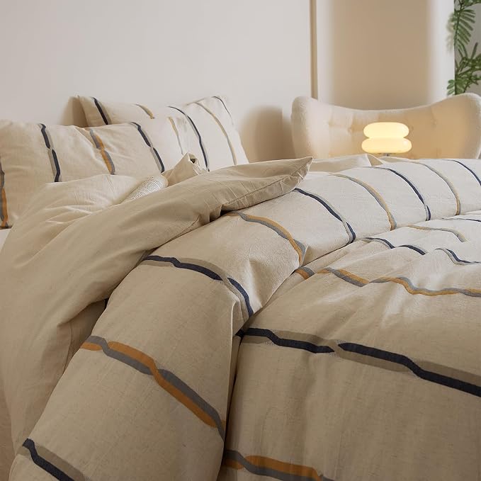 mixinni Cotton Linen Jacquard Duvet Cover Set King, 3-Piece Mid-Century Modern Bedding, Vintage Striped Bohemian Duvet Cover with 2 Pillowcases, All-Season Breathable Comforter Cover-King Size