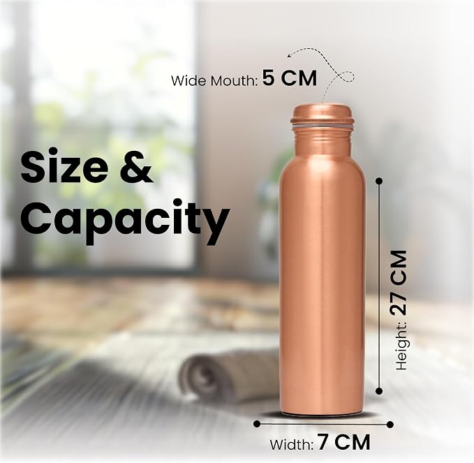 Pure Copper Water Bottle for Drinking Water, 34 Oz Plain Finish with Leak-Proof Cap, Stay Hydrated and Enjoy Natural Benefits. Handcrafted Reusable Water Bottle with Bag & Cleaning Brush