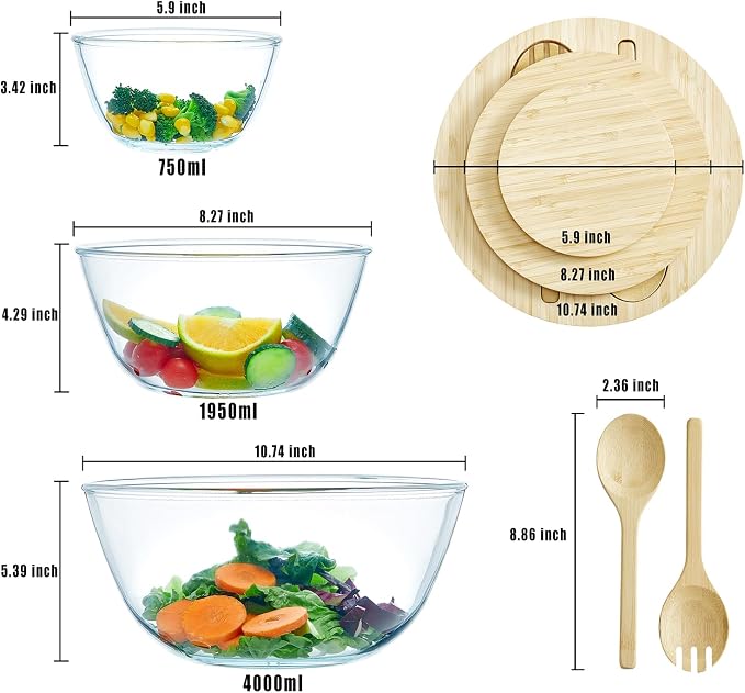 Glass Mixing Bowls with Bamboo Lids, 3 Packs Glass Bowls with Lids Set(4.7QT, 2.1QT, 0.8QT), Large Capacity Salad Bowls, Nesting Containers Microwave Safe Baking Bowls for Kitchen