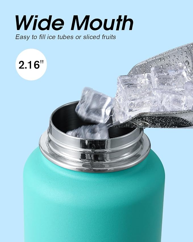 Coolflask Water Bottle 40 oz Insulated with Straw, Stainless Steel Metal 3 Lids Water Flask for Sports or Office, Keep Cold 48H Hot 24H, Pacific Prince