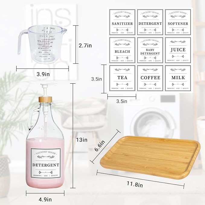 2 Pcs Glass Laundry Detergent Dispenser Bottle, Liquid Laundry Soap Dispenser for Laundry Room, 64oz Detergent Bleach Softener Dispenser for Farmhouse Decor, Includes Bamboo Pumps Tray Funnel Labels