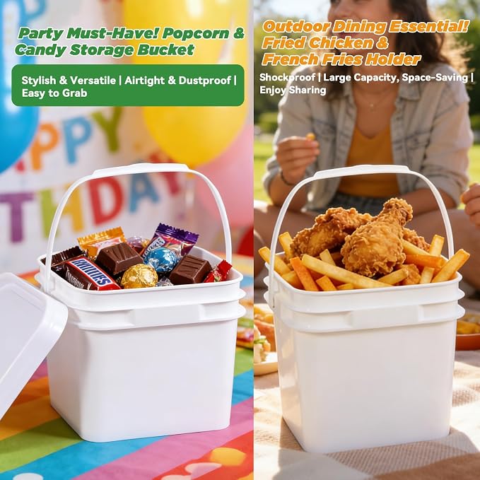 Bucket with Lid - 4 Packs Square Plastic Storage Containers, Food Safe with Handle, Airtight Pressure Lids for Kitchen & Home (White, 0.8 gal)