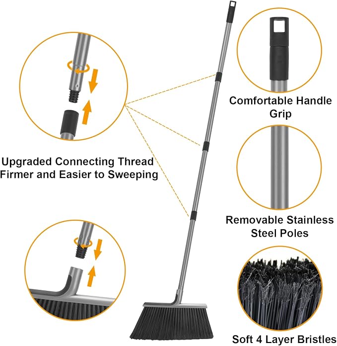 KeFanta 4 Packs Outdoor Broom Heavy Duty with 55" Long Handle, Commercial Brooms for Sweeping Indoor Courtyard Restaurant Garage Patio Decks Mall Market Kitchen Office Lobby Shop