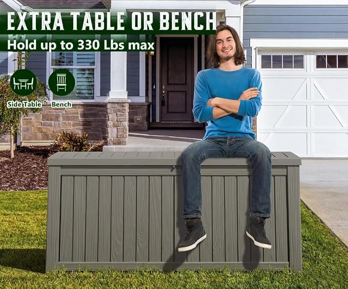 151 Gal Deck Box, Outdoor Storage Box Waterproof Lockable, Gas Lift,Grey | Large sturdy grey resin deck box, double wall panels, waterproof backyard storage for package delivery, garden hoses tools