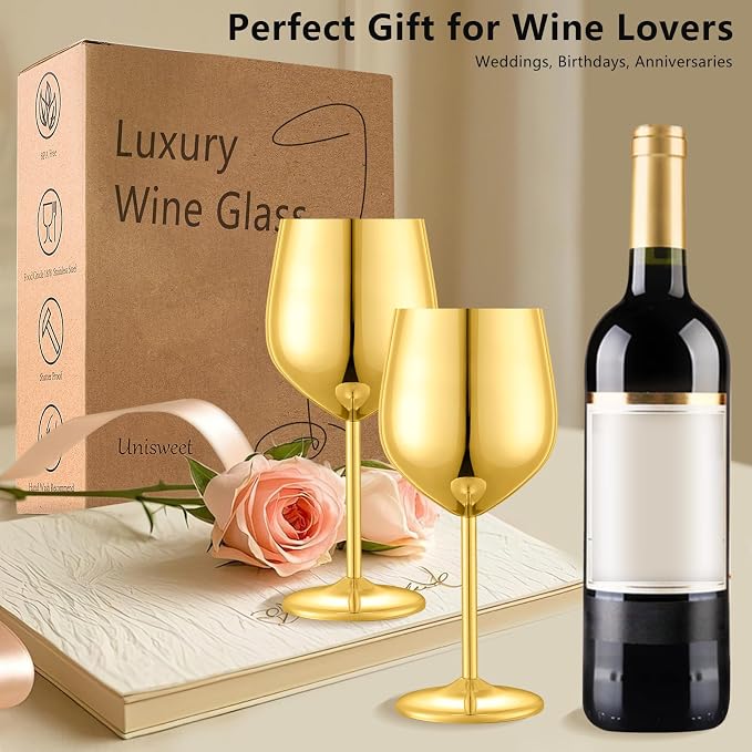 UNISWEET Stainless Steel Wine Glasses Set of 6 with 1 Corkscrew, Gold | 17oz Unbreakable Metal Wine Goblets, Reusable & Sturdy, Ideal for Outdoor, Travel, Camping, Pool, Gift for Wine Lovers