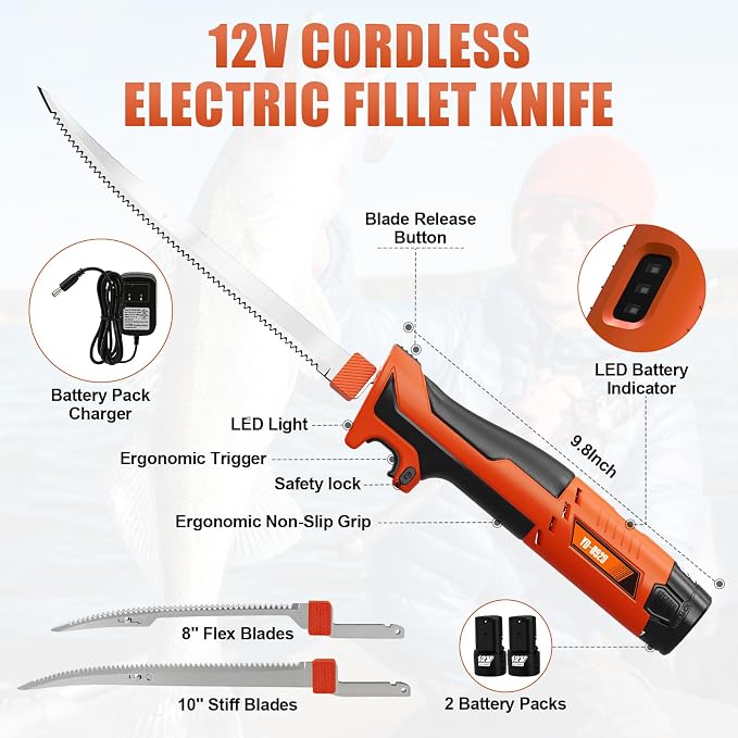 12V Cordless Electric Fillet Knife, 8" Flexible & 10" Rigid Blades, 2x 1500mAh Batteries, 1.5H Fast Charger, Safety Lock, Non-Slip Handle, Carry Case for Outdoor Fishing Filleting,Orange