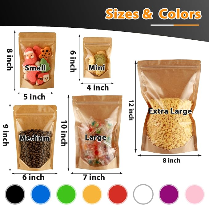 200 Pack Kraft Paper Bags with Clear Window 4x6 Reclosable Small Stand Up Mylar Bags for Food Storage Resealable Smell Proof Pouch, Edible Packaging, Reusable bags for Small Business